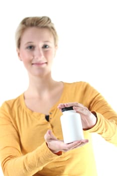 girl holding a plain bottle
