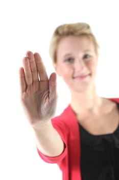 smiling girl showing her hand