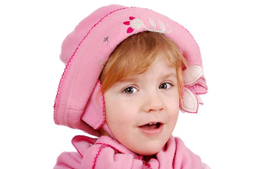 Little girl with pink hat and scarf studio shot