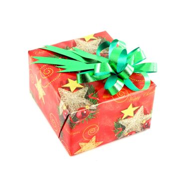 Christmas gift box with green bow isolated on white background