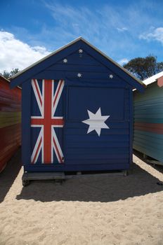 Australian Flag, beach hut, Melbourne, Australia
