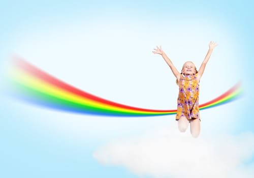 girl jumping on clouds and a rainbow, collage, place for text