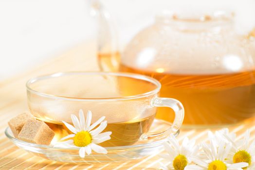 A teacup and a teapot with herbal chamomile tea