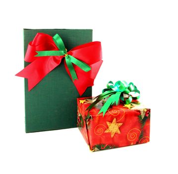 red and green gift box with ribbon on white background