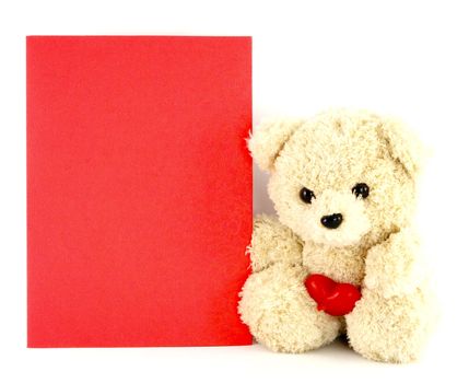 teddy bear toy with a blank card, isolated on white background