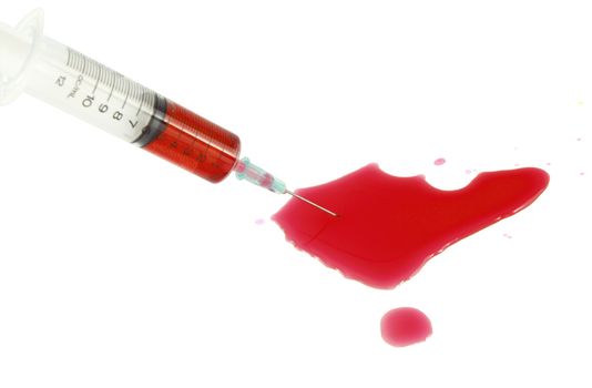 syringe with blood on a white background
