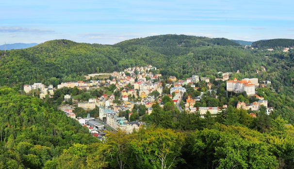 Aerial view on Karlovy Vary at sunset. Czech Republic