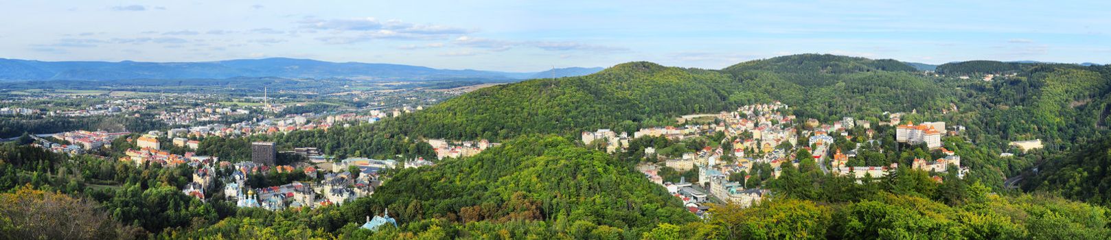 Aerial view on Karlovy Vary at sunset. Czech Republic