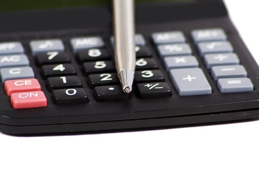 black calculator with pen isolated on white