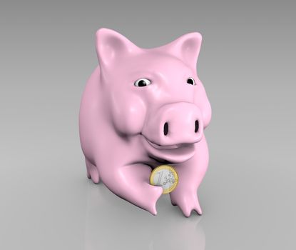 a happy pink piggy is holding one euro coin among the fingers of his right hand