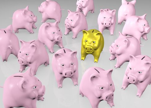 a golden piggy stays in the middle of a crowded place of others pink piggies
