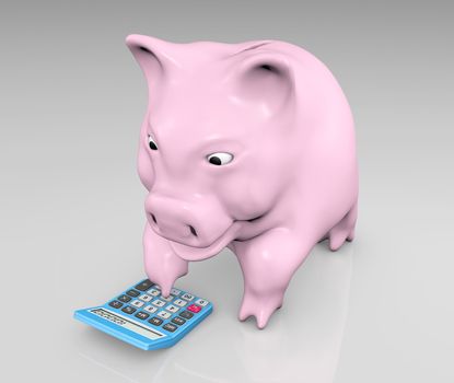 a happy pink piggy is typing in on a keyboard of a blu calculator