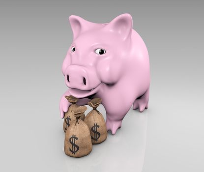 a happy pink piggy put his leg on a group of three bags of money