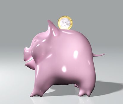 a happy pink piggy in a side view with one euro coin that is going inside from the top