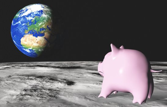 from the moon surface a sad pink piggy in foreground is looking with homesickness the planet earth placed in background