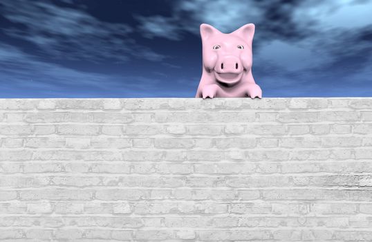 a happy pink piggy is clinging to a wall made of white bricks under a dark blue sky with some clouds