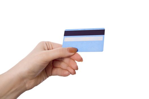 Female hand holding credit card isolated on white