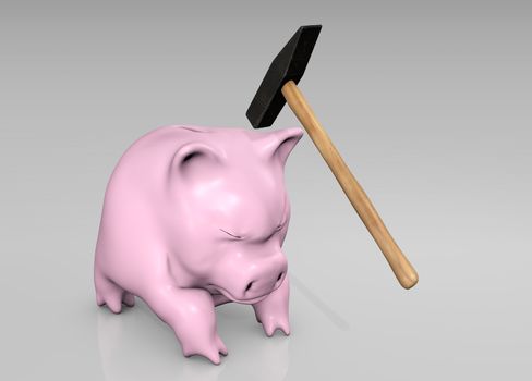 a scared pink piggy with closed eyes, is about to be hit on the head by a hammer