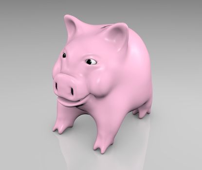 a small smiling pink piggy is looking straight in front of him on a gray ground