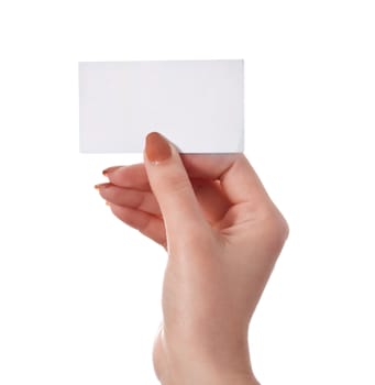 Hand holding blank business card isolated