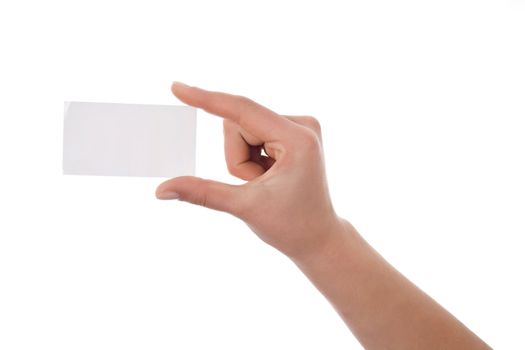 Hand holding blank business card isolated