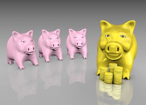 a golden piggy with stacks of coins is envied by three other pink angry pigs