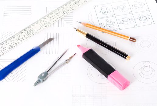 tools and mechanisms detail on the background of engineer drawings