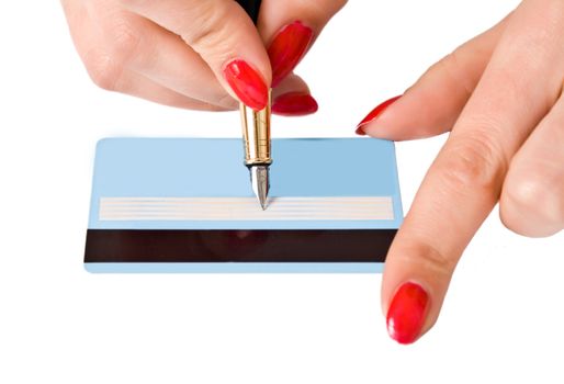 girl signs a payment card isolated