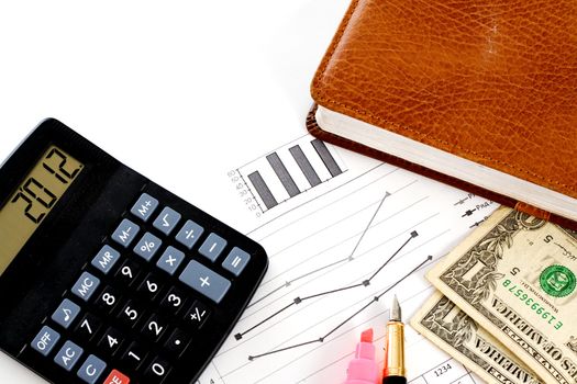 Account statements, credit calculations, calculators, pen and dollar bills