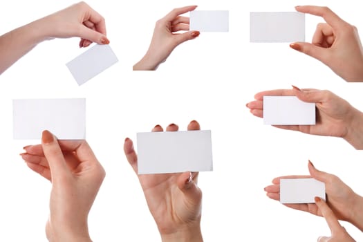 Set of hand holding an empty business card isolated on white background