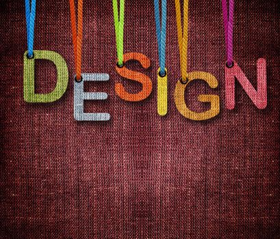 Design word hunging by rope as puppeteer on sackcloth background.
