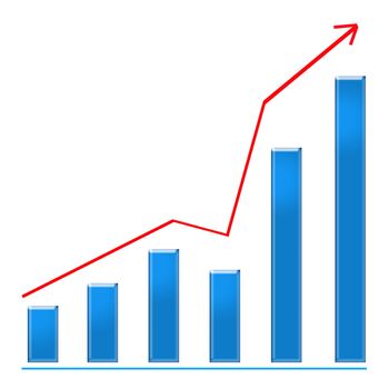 Growing blue bar chart and red rising arrow