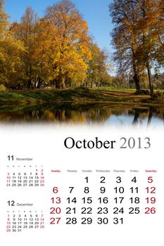 2013 Calendar. October. Golden autumn colors