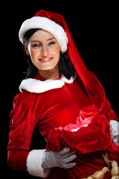 Santa Girl presenting your product, in costume and white gloves