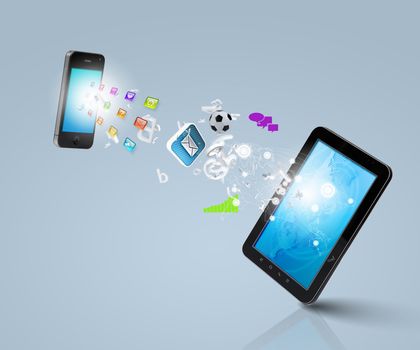 Modern communication technology illustration with mobile phone and high tech background