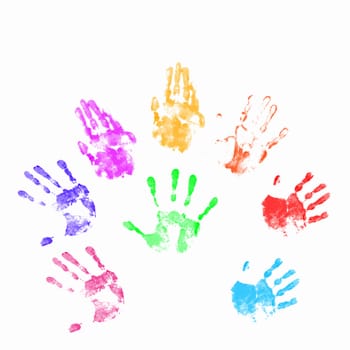 Colourful prints of human hands on white background