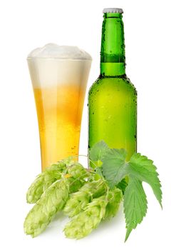 Green bottle and mug beer isolated on a white background