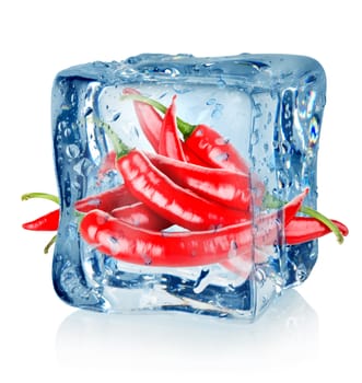 Ice cube and chili peppers isolated on a white background