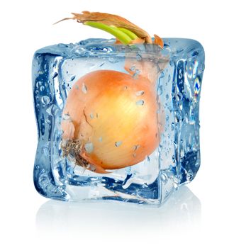 Ice cube and onion isolated on a white background