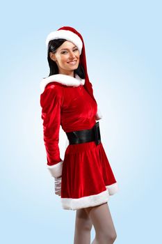 Santa Girl presenting your product, in costume and white gloves