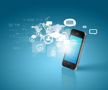 Modern communication technology illustration with mobile phone and high tech background