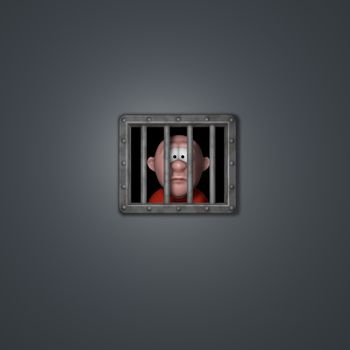 cartoon guy behind riveted steel prison window - 3d illustration