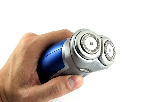 electric shaver holding on hand isolated with white background