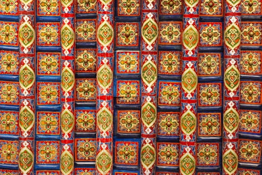 Beautiful painted wooden ceiling, photographed in Khiva, Uzbekistan