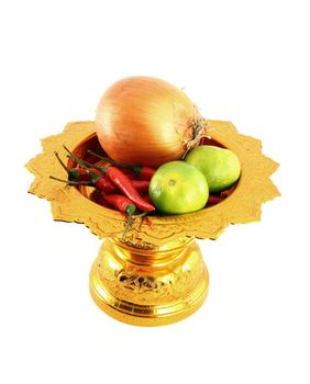 vegetables mix with golden tray on white background