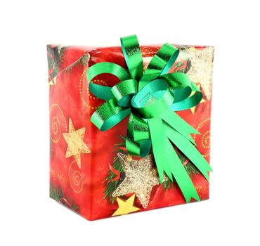 Christmas gift box with green bow isolated on white background