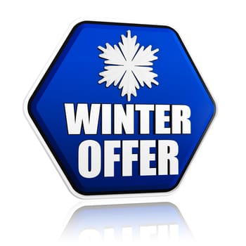 winter offer 3d blue hexagon banner with white text and snowflake symbol, business concept