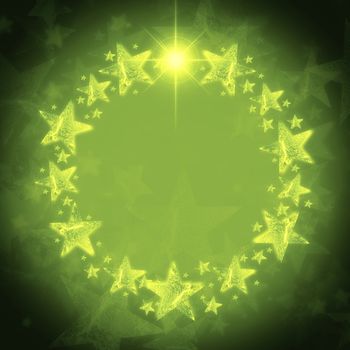 abstract christmas wreath of golden stars in circle over green background with text space