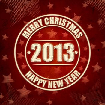 abstract red background with text Merry Christmas, Happy New Year 2013 in circles, illustrated striped stars, retro style card