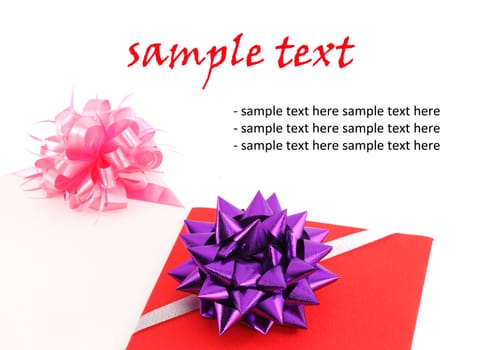 red and pind gift card with ribbin bow on white background blank for your text